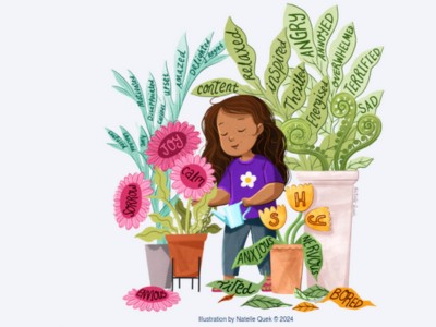 Girl waters plants labeled with feelings