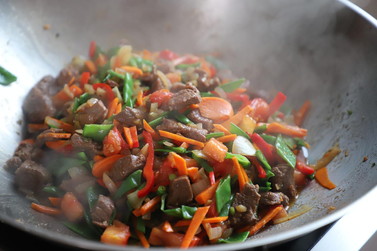 Beef and vegetables in a stir fry pan