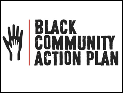 Black Community Action Plan logo showing the words and a small hand over a larger hand.