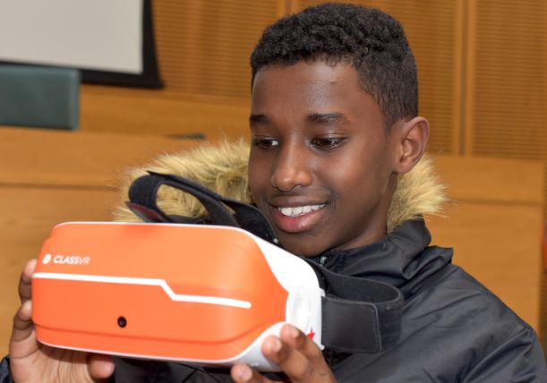 Blind boy looking into Smart glasses