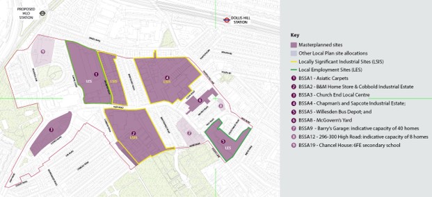 Map illustrates CEGA Site Allocations included in the masterplan. It indicates which are Locally Significant Industrial Sites (LSIS) (right hand side of BSSA1 Asiatic Carpets, BSSA2 B&M Home Store and Cobbold Industrial Estate and BSSA4 Chapman’s and Sapcote Industrial Estate) and Local Employment Sites (LES) (left hand side of BSSA1 Asiatic Carpets and  BSSA5 Bus Depot).  Image also shows location of the proposed WLO Station north-west of the CEGA boundary and Dollis Hill Station north-east of the CEGA boundary. 