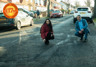 Cllr Sheth and Cllr Butt on a road with a pothole