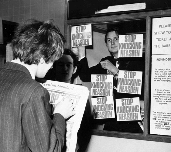 A group of young men campaigning against satirical attacks on Neasden by Private Eye and others, around 1970