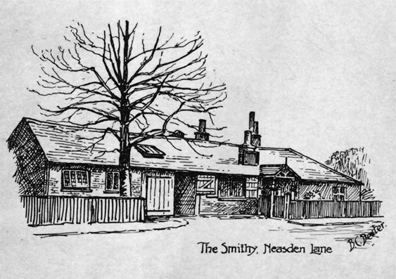 A sketch of the blacksmith’s shop on Neasden Lane
