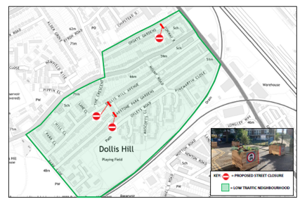 Dollis Hill Healthy Neighbourhood Map. Each closure will have planters placed in the road with associated signage. A lockable drop down bollard will allow emergency access and service vehicles will be able to pass through the closures and some new restrictions will be required to allow vehicles to turn. The closures will be in Oxgate Gardens, Dollis Hill Avenue and Gladstone Park Gardens.