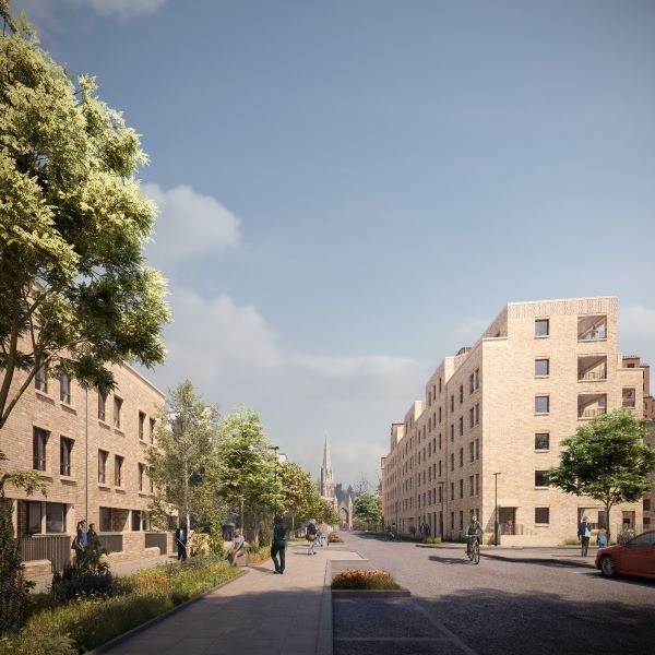 An artist impression of Hereford House and Exeter Court, view from Granville Road.