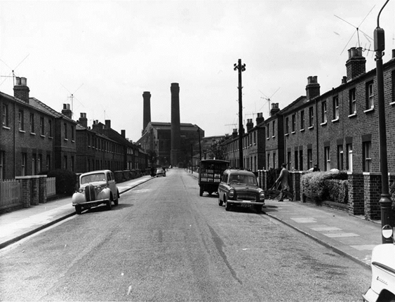 Quainton Street in 1961, with the power station in the distance