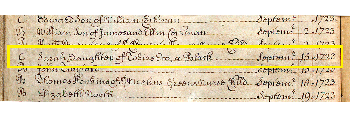 Section of a census page, with the following text highlighted in yellow: 'Sarah Daughter of Tobias Eco'
