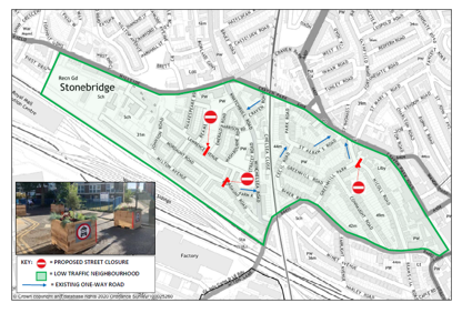 Stonebridge Healthy Neighbourhood Map showing each closure will have planters placed in the road with associated signage. A lockable drop down bollard will allow emergency access vehicles will be able to pass through the closure. Some small changes to parking bays may be required to make room for the closure and a 20mph speed limit will also be introduced. Closures are proposed at the following locations in the area: Mordaunt Road, Lawrence Avenue and Nicoll Road.
