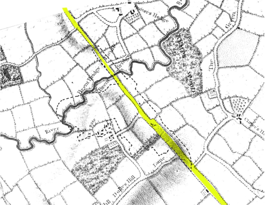 Edgware Road highlighted on black and white map.  A Roman Road know as Watling Street.