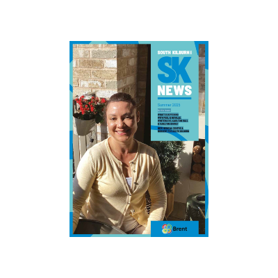 Cover of south kilburn magazine, summer edition showing a woman looking into the camera, smiling. 