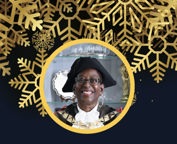 The Mayor of Brent's headshot in a circle on a background with gold Christmas decoration