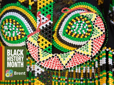 Beads, necklace and Black History Month and Brent logos
