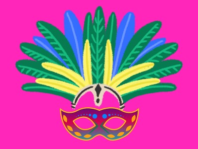 An illustration of a carnival mask and headdress on a hot pink background