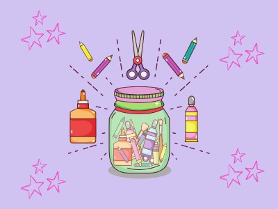 Illustration of craft items and stars on light purple background
