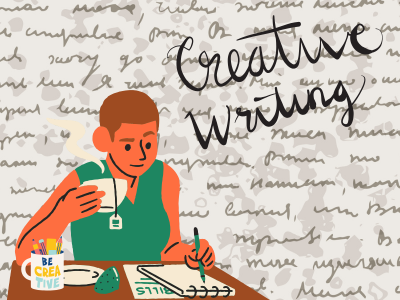 Illustration of person writing with text and words 'Creative Writing'