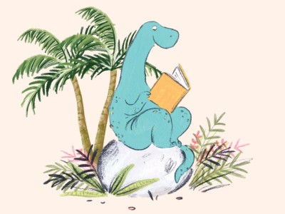 Dinosaur sits on an egg and reads