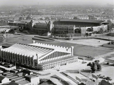 Black and white arial image of the old Wembley Empire Pool and Stadium