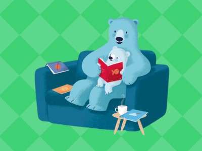 Illustration of blue BookStart bear on a dark blue sofa reading to a blue bear cub on his lap The background is light and dark green diamond pattern