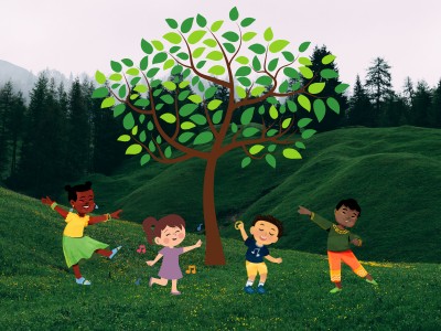 Illustration of children dancing around a tree