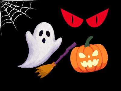 cobweb, ghost, broomstick, pumpkin with face and red eyes on a black background