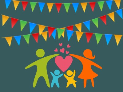 Logo of a family stand under colourful bunting