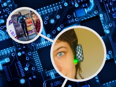Cyborg woman and jumping robot woman on AI design background.