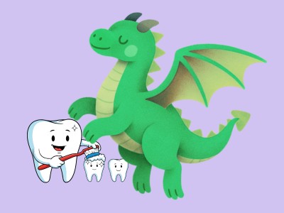 green dragon and a big tooth brushing little ones
