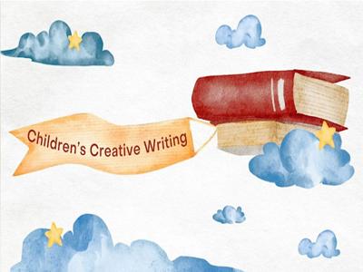 image of a book amongst clouds and a banner that says Children's creative writing.