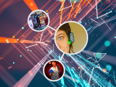 Images from the event with a space inspired background