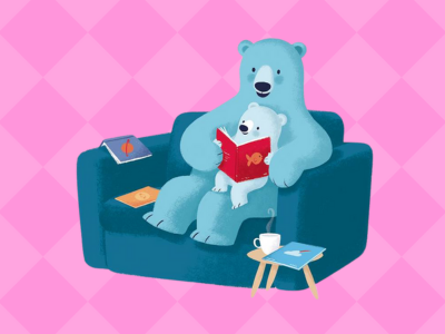 Illustration of blue BookStart bear on a dark blue sofa reading to a blue bear cub on his lap. The background is a dark and light pink diamond pattern