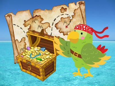 Illustration of parrot, treasure, map and the sea   