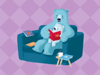 Illustration of light blue bear and reading a book on a sofa