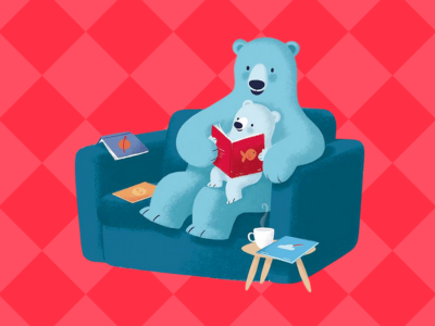 Illustration of blue BookStart bear on a dark blue sofa reading to a blue bear cub on his lap. The background is a dark and light red diamond pattern
