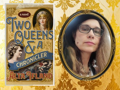 Image of book cover and author on ornate wallpaper background