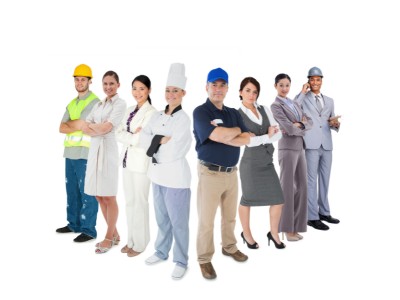 Men and women standing in work clothes