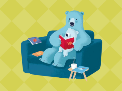 Illustration of blue BookStart bear on a dark blue sofa reading to a blue bear cub on his lap. The background is a dark and light yellow diamond pattern