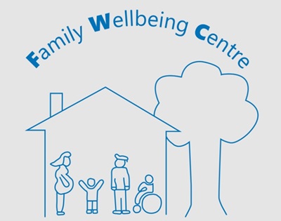 Family Wellbeing Centre Logo - stick figure family inside a house