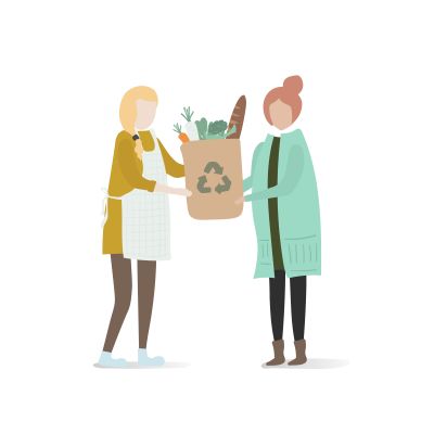 Image of a lady passing a bag with food essentials to lady