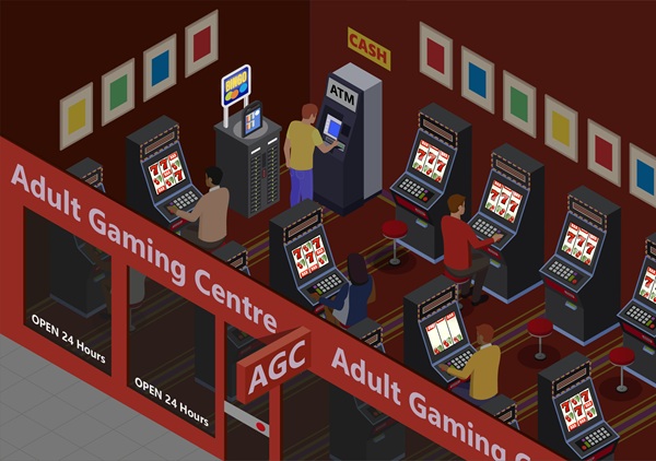 Inside an Adult Gaming Centre with people, slot and game machines