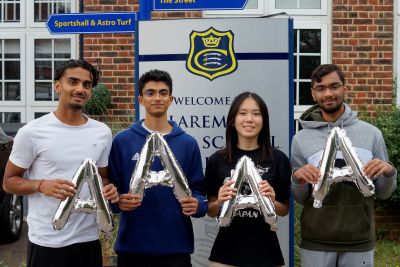 Students' names (left to right) Krish Varsani Devesh Patel Tiffany Yip Ayush Trivedi. Claremont High School - A-level Results 2025