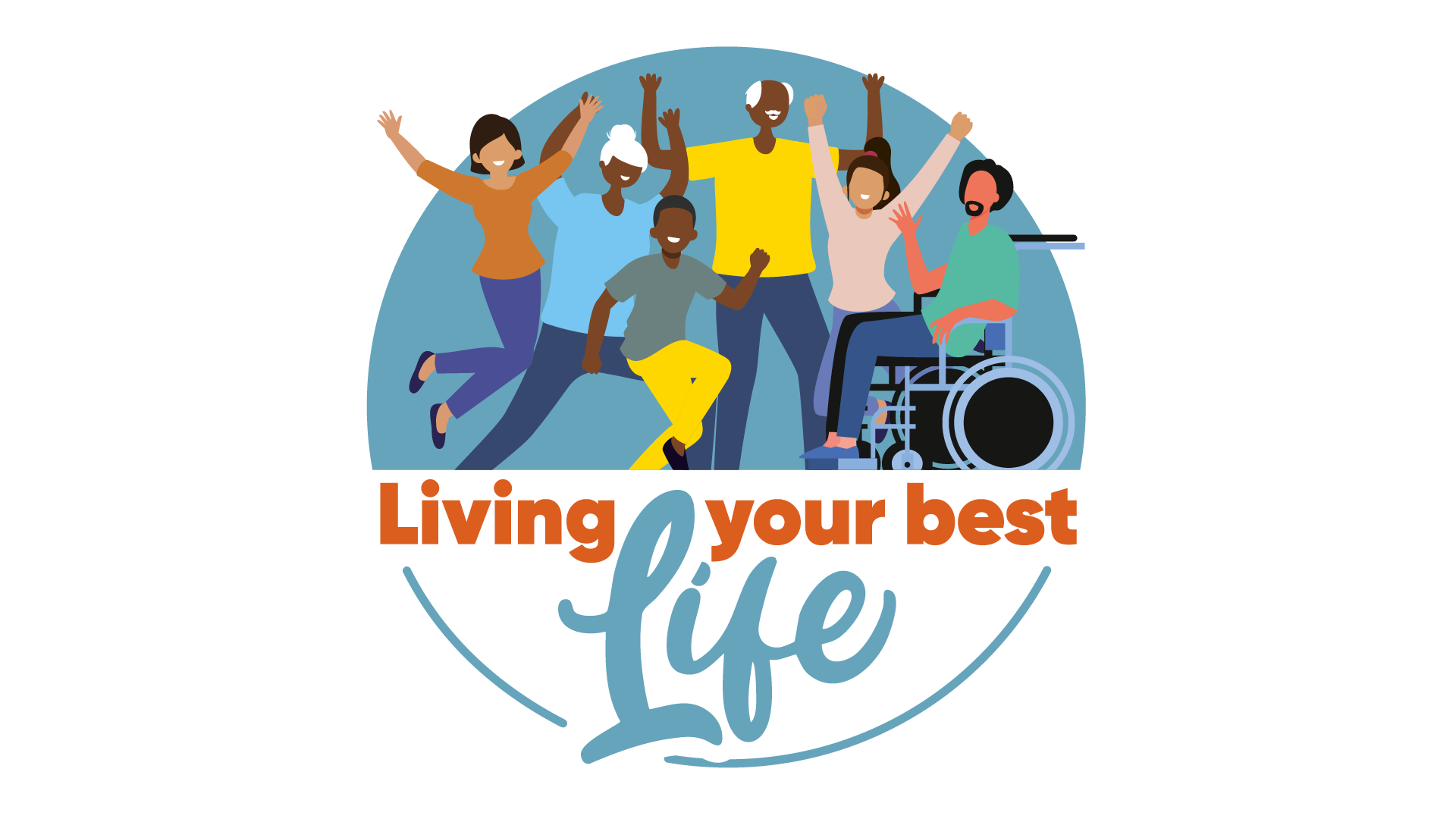 Logo including graphical representation of different people cheering and the words Living your best life