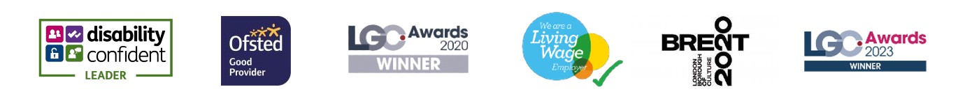 Selection of logos including Disability confident Leader, Ofsted, London Government Awards 2020 and 2023, London Borough of Culture 2020, Living Wage Employer.