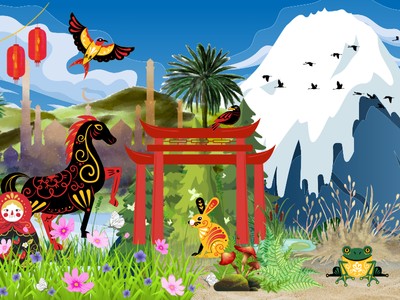 Image of mythical creatures with a mountain background