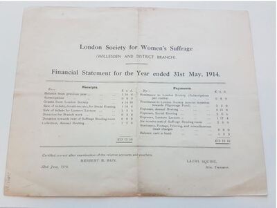 Suffragists Willesden - the back page of the 1914 Annual Report
