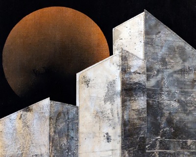 Connected Threads exhibition poster - moon-like circle behind building like block