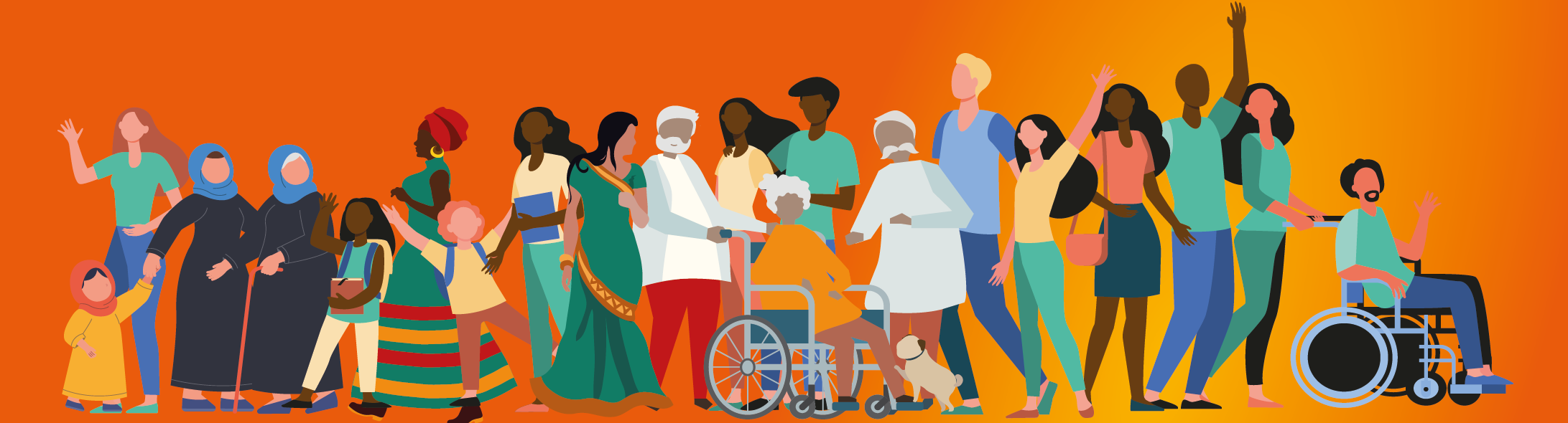 An orange banner with an illustrated montage of people representing the residents of Brent