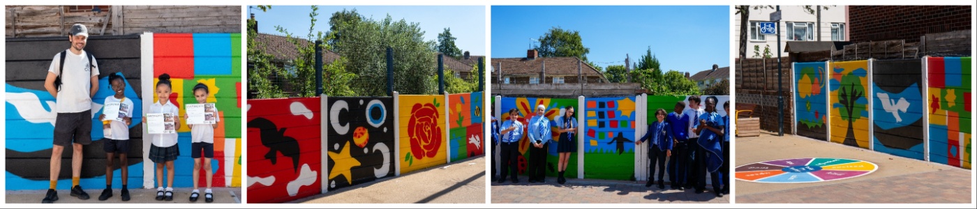 Image of murals in Kingsbury and kids that painted them