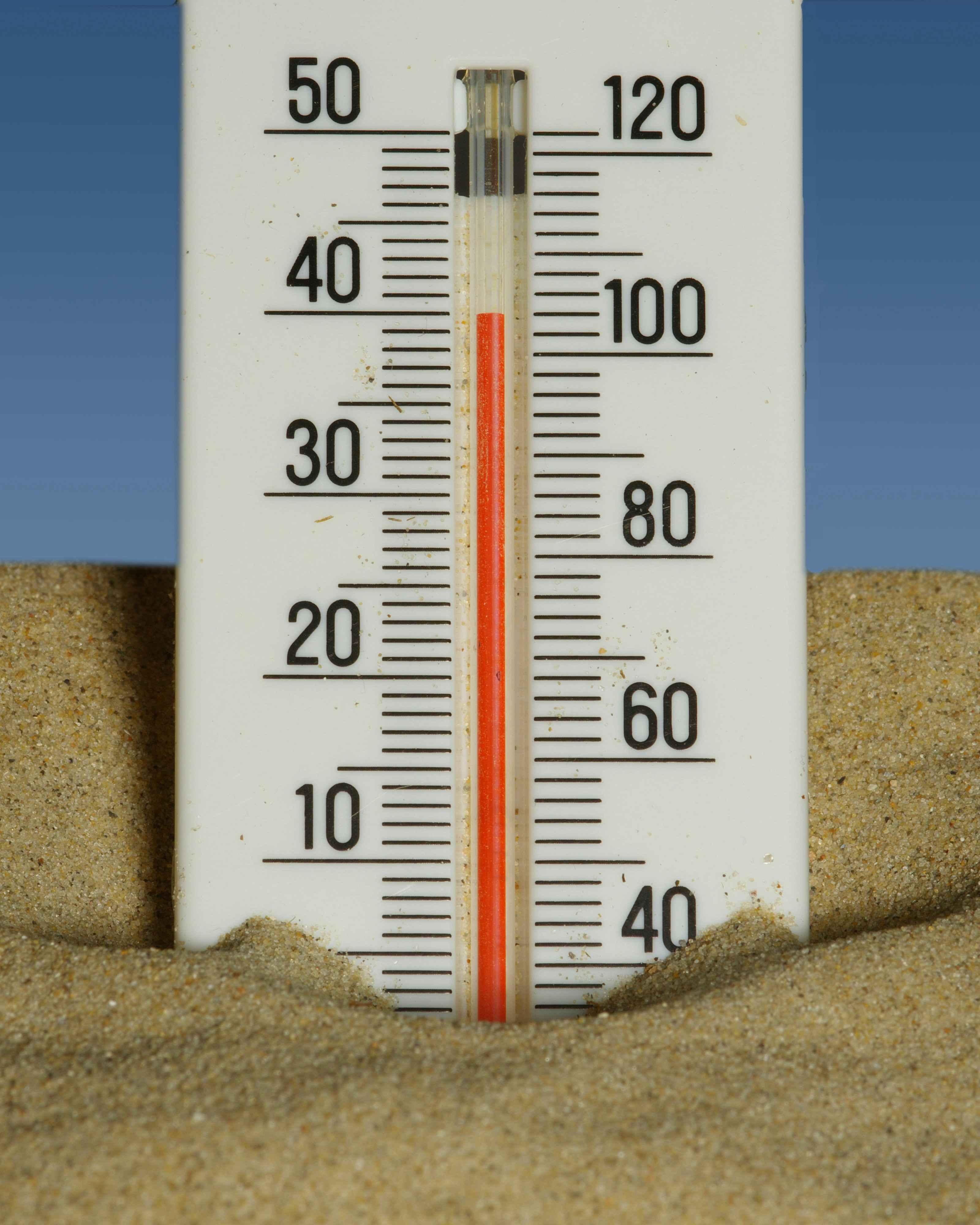 A thermometer in the sand showing 40 degrees C