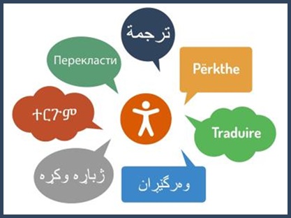 Different colour speech bubbles with the word translate in the,